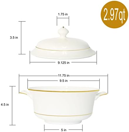 Elegant 2-Piece Bone China Soup Tureen Set with Lid Gold Rim 297QT