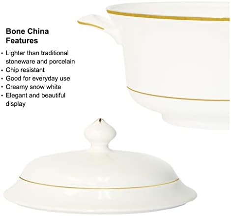 Elegant 2-Piece Bone China Soup Tureen Set with Lid Gold Rim 297QT