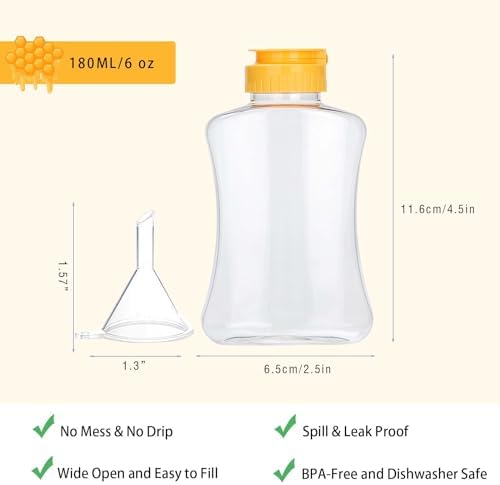 2-Pack Plastic Honey Squeeze Bottles with Funnel Durable BPA-Free Kitchen Dispensers