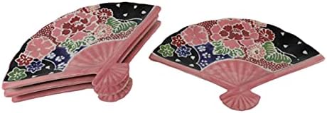 Ebros 4-Piece Oriental FoldedFan Shaped Appetizer Plates Pink Floral Design