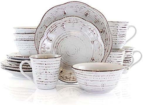 16-Piece Rustic Birch Round Dinnerware Set White Brown