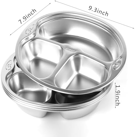 SOUJOY 4-Piece Stainless Steel Divided Plate 3-Section Diet Control