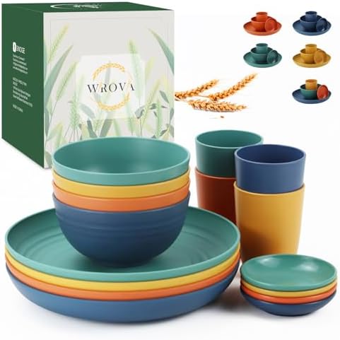 Wrova 16-Piece Unbreakable Wheat Straw Dinnerware Set for Kids and Adults