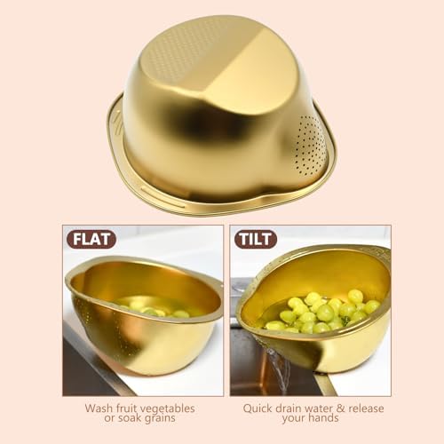 Stainless Steel Rice Washer Strainer Bowl 2pcs Gold Set