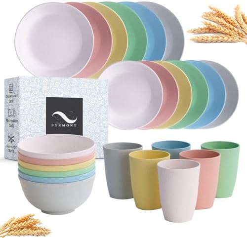 PYRMONT Reusable Plastic Dinnerware Sets for 6 BPA-Free Microwave Safe