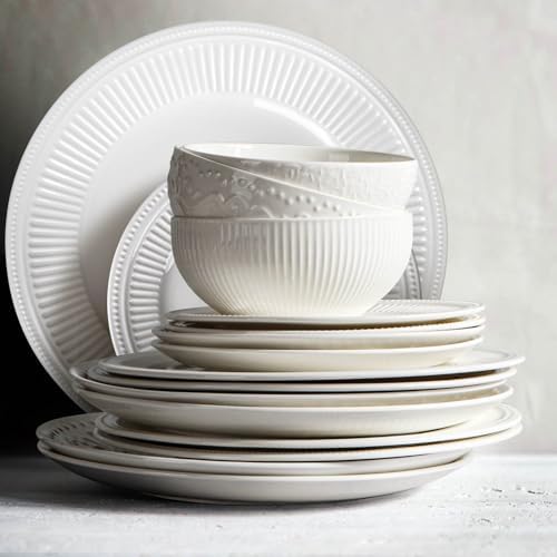 Artema 105-inch Embossed White Ceramic Dinner Plates Set of 4