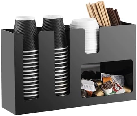6 Compartment Coffee Condiment and Cup Storage Organizer Black