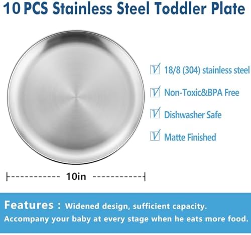 10-Piece 188 Stainless Steel Plates for Kids