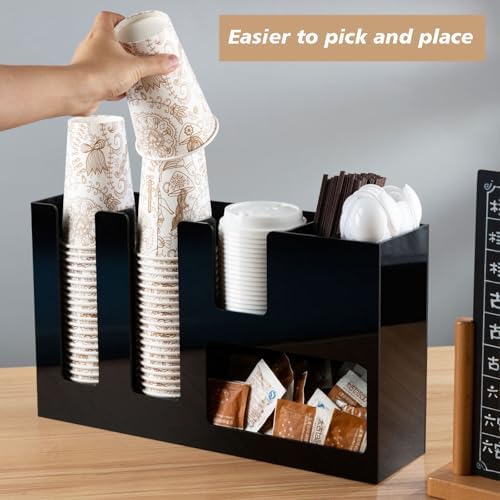 6 Compartment Coffee Condiment and Cup Storage Organizer Black