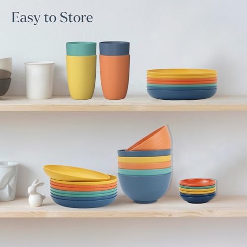 Wrova 16-Piece Unbreakable Wheat Straw Dinnerware Set for Kids and Adults