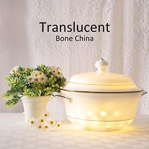 Elegant 2-Piece Bone China Soup Tureen Set with Lid Gold Rim 297QT