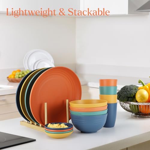 Wrova 16-Piece Unbreakable Wheat Straw Dinnerware Set for Kids and Adults