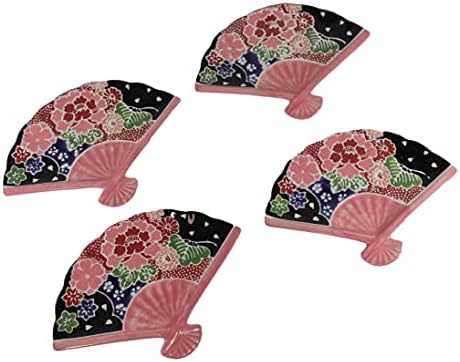 Ebros 4-Piece Oriental FoldedFan Shaped Appetizer Plates Pink Floral Design