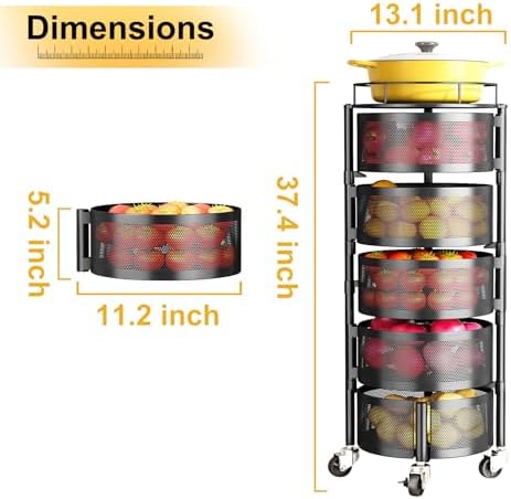 5 Tier Rotating Fruit Vegetable Basket Storage Cart with Metal Lid Black