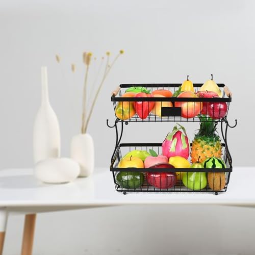 Lawhood-Mijin Fruit Basket Bowl 2 Tier Detachable with 2 Banana Hangers