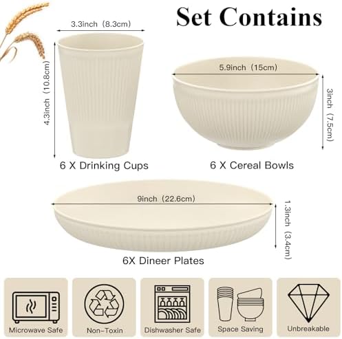 18PCS Unbreakable Wheat Straw Dinnerware Set for Kitchen Camping Multi-Scene Use