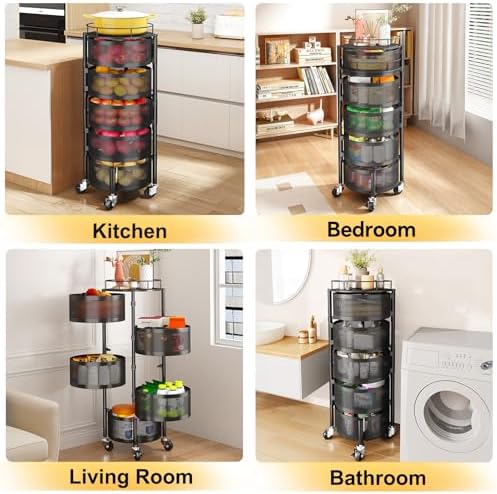 5 Tier Rotating Fruit Vegetable Basket Storage Cart with Metal Lid Black
