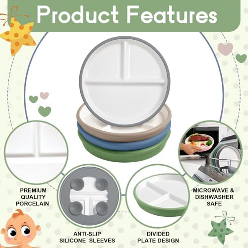 Domensi 8 SafePorcelain Plates for Kids with Anti-Slip Silicone Sleeves