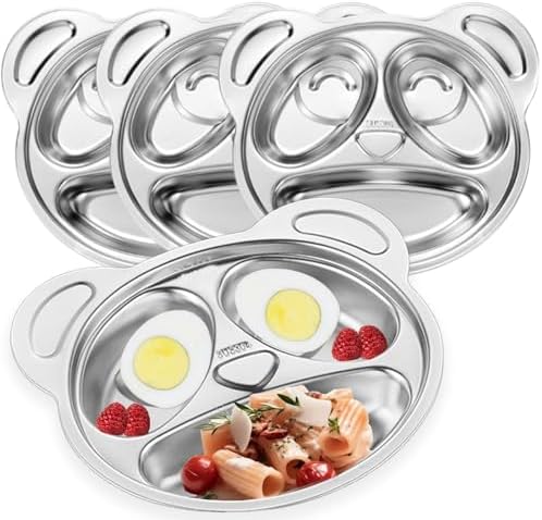 4 Pack Stainless Steel Divided Plates with 3 Compartment Design