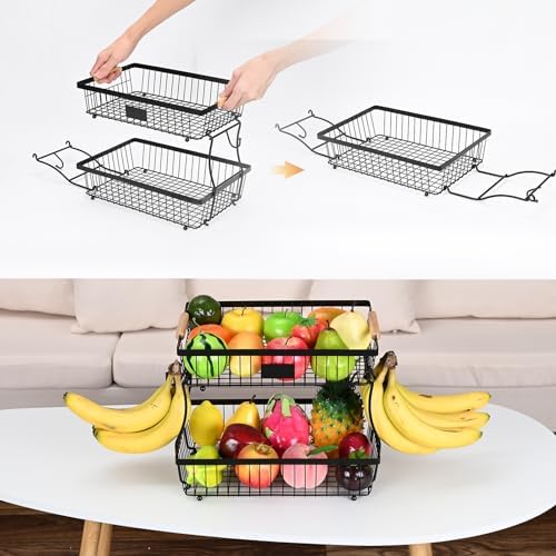 Lawhood-Mijin Fruit Basket Bowl 2 Tier Detachable with 2 Banana Hangers