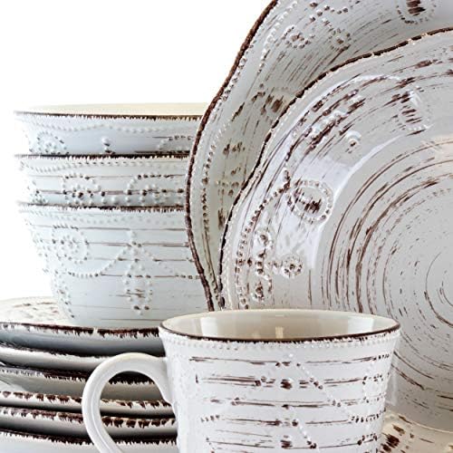 16-Piece Rustic Birch Round Dinnerware Set White Brown