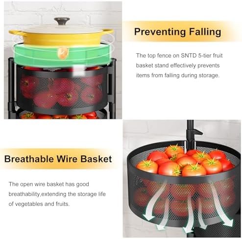 5 Tier Rotating Fruit Vegetable Basket Storage Cart with Metal Lid Black