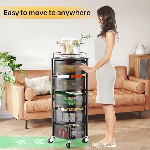 5 Tier Rotating Fruit Vegetable Basket Storage Cart with Metal Lid Black