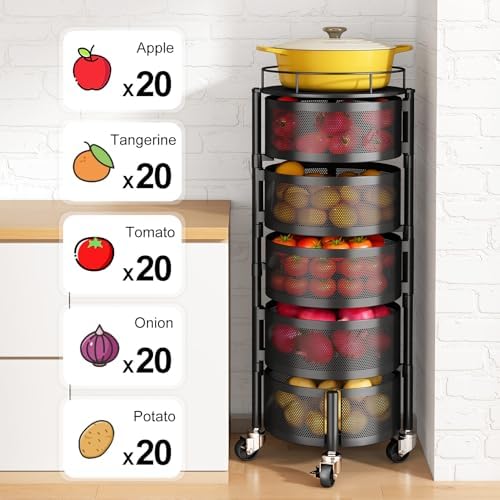 5 Tier Rotating Fruit Vegetable Basket Storage Cart with Metal Lid Black