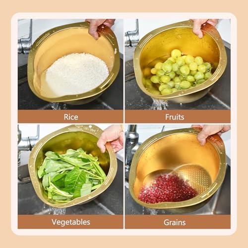 Stainless Steel Rice Washer Strainer Bowl 2pcs Gold Set
