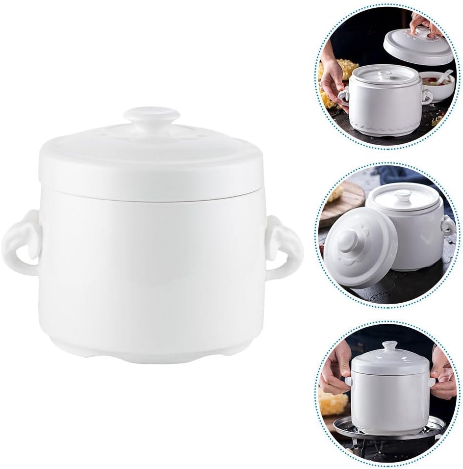 Hemoton White Ceramic Soup Noodle Bowl with Lid
