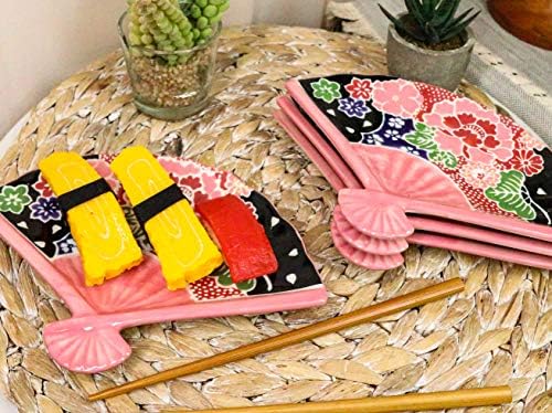 Ebros 4-Piece Oriental FoldedFan Shaped Appetizer Plates Pink Floral Design