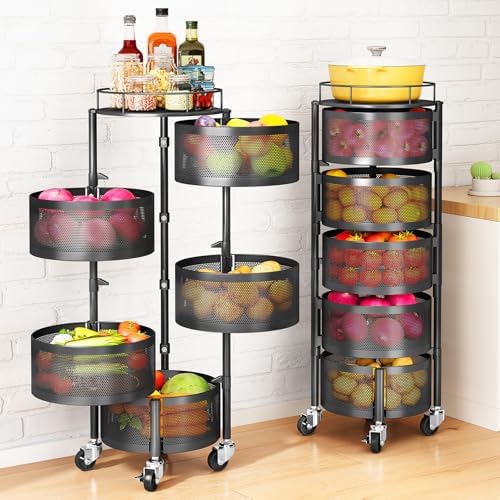 5 Tier Rotating Fruit Vegetable Basket Storage Cart with Metal Lid Black