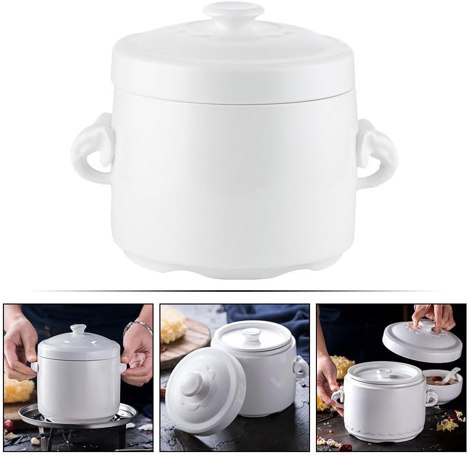 Hemoton White Ceramic Soup Noodle Bowl with Lid