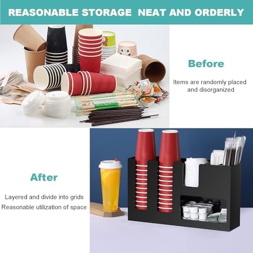 6 Compartment Coffee Condiment and Cup Storage Organizer Black