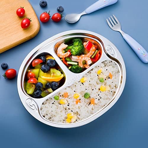 SOUJOY 4-Piece Stainless Steel Divided Plate 3-Section Diet Control