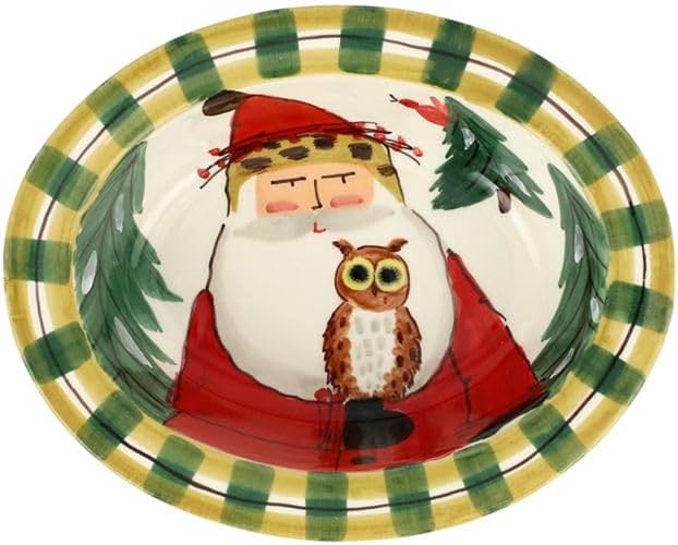 Vietri Old St Nick Christmas Small Rimmed Ceramic Oval Bowl with Owl