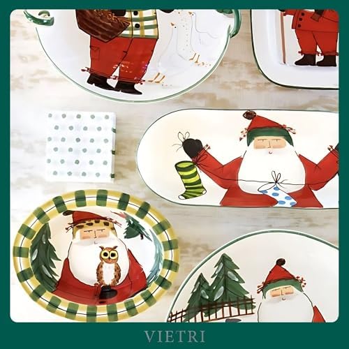 Vietri Old St Nick Christmas Small Rimmed Ceramic Oval Bowl with Owl