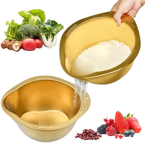 Stainless Steel Rice Washer Strainer Bowl 2pcs Gold Set