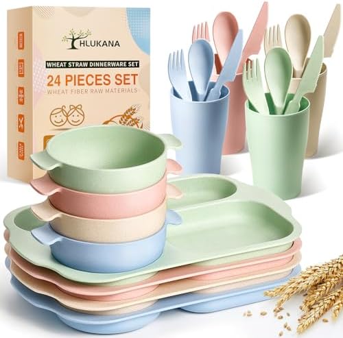 24 Pcs Wheat Straw Dinnerware Cutlery Set for Kids and Adults