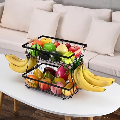 Lawhood-Mijin Fruit Basket Bowl 2 Tier Detachable with 2 Banana Hangers