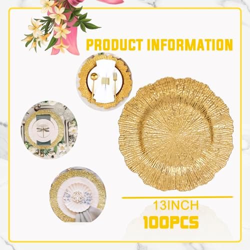 100 Pcs Matte Gold Charger Plates Bulk Set Elegant Dinnerware for Events