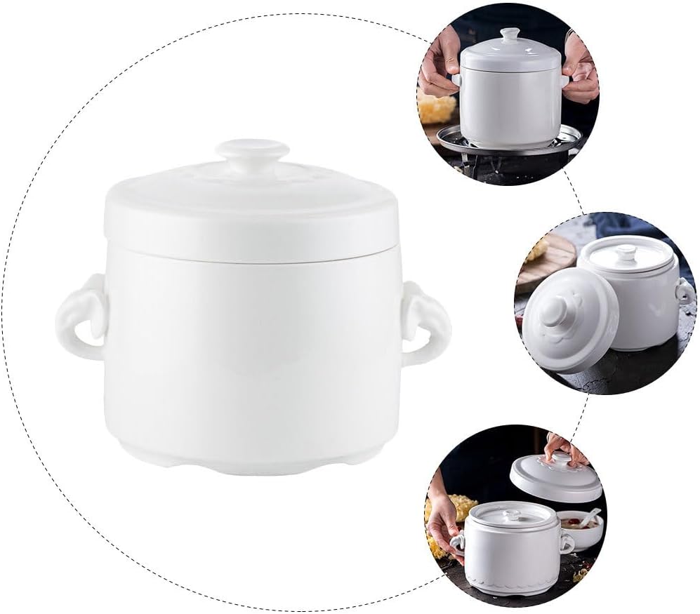 Hemoton White Ceramic Soup Noodle Bowl with Lid