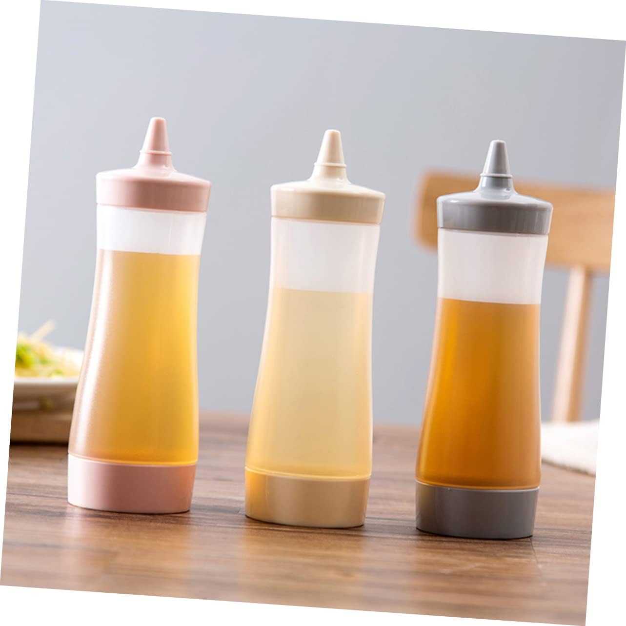 3-Pack Set of Squeeze Bottles with Removable Nozzles for Salad Dressing