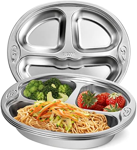 SOUJOY 4-Piece Stainless Steel Divided Plate 3-Section Diet Control