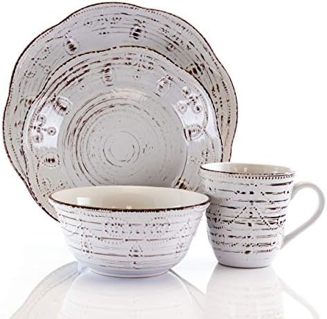 16-Piece Rustic Birch Round Dinnerware Set White Brown