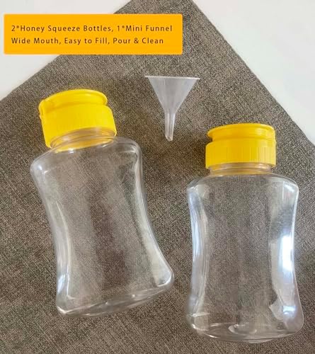 2-Pack Plastic Honey Squeeze Bottles with Funnel Durable BPA-Free Kitchen Dispensers