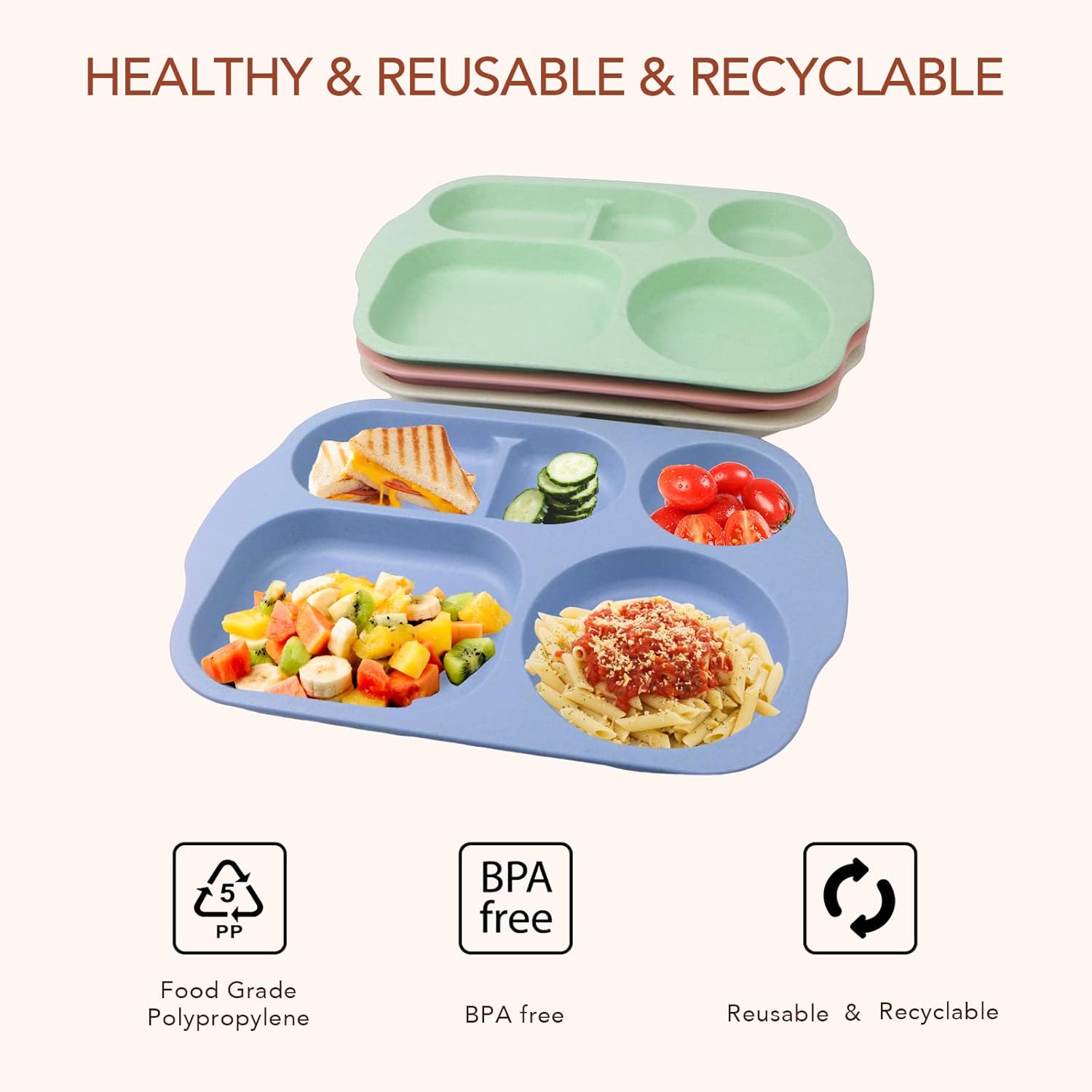 GreenandLife 12-Inch Divided Plates 4PCS Microwave and Dishwasher Safe BPA-Free