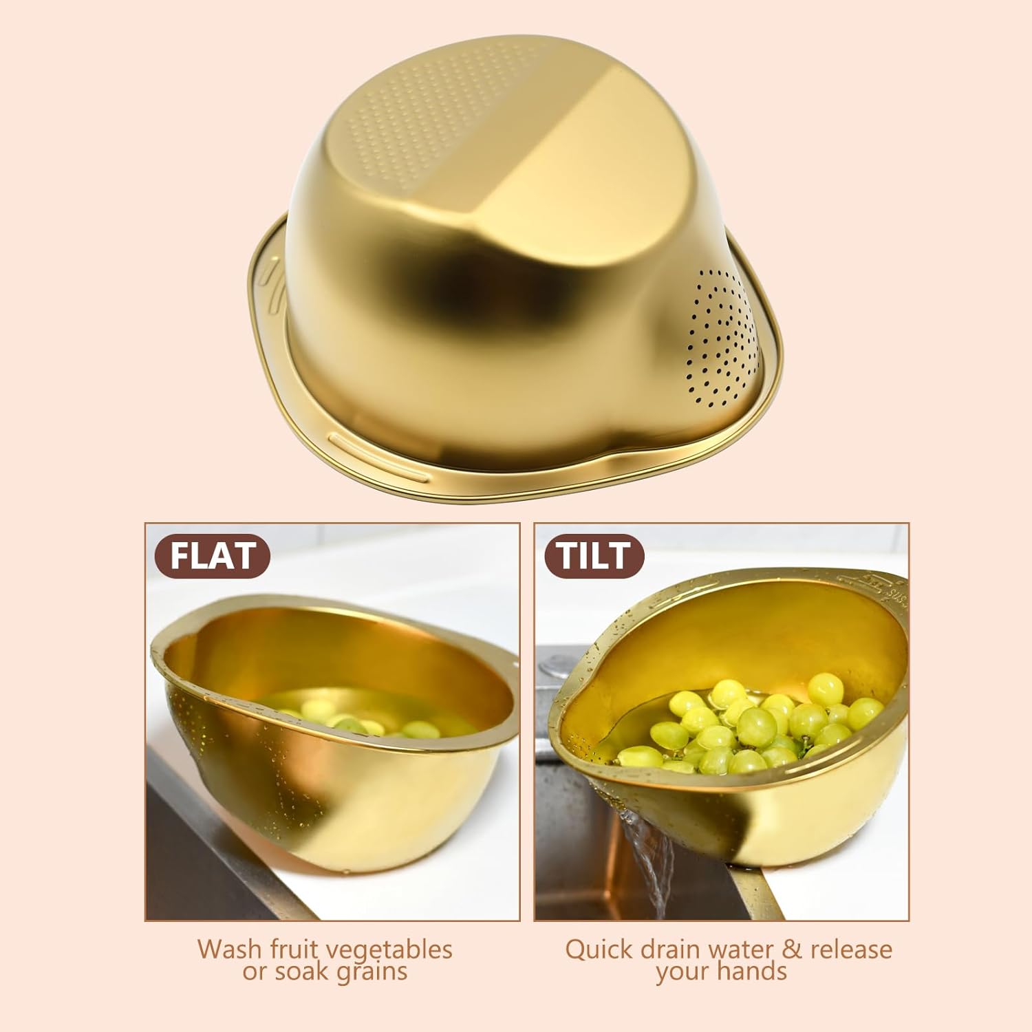 Stainless Steel Rice Washer Strainer Bowl 2pcs Gold Set