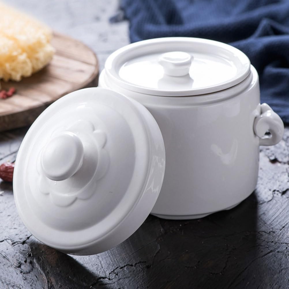 Hemoton White Ceramic Soup Noodle Bowl with Lid