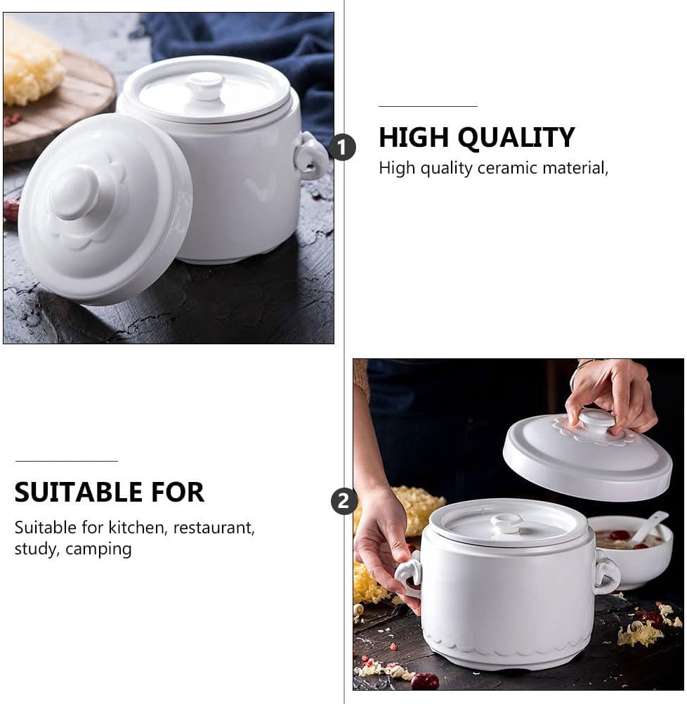 Hemoton White Ceramic Soup Noodle Bowl with Lid